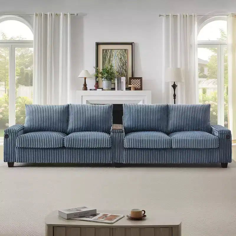 Canapé 4 places en velours côtelé 133 cm, moderne avec ports USB, accoudoirs de rangement dissimulés, porte-gobelets rabattables pour salon, noir