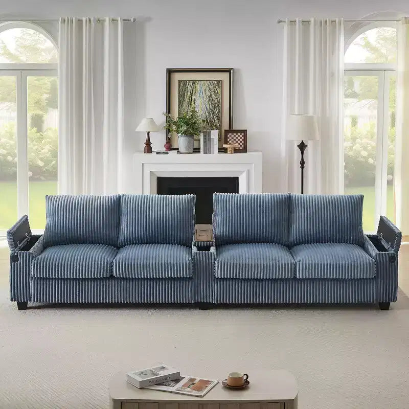 Canapé 4 places en velours côtelé 133 cm, moderne avec ports USB, accoudoirs de rangement dissimulés, porte-gobelets rabattables pour salon, noir