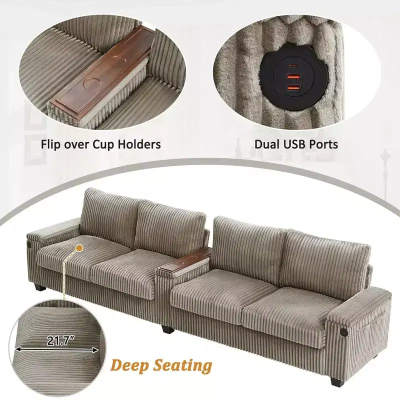 Canapé 4 places en velours côtelé 133 cm, moderne avec ports USB, accoudoirs de rangement dissimulés, porte-gobelets rabattables pour salon, noir