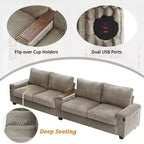 Canapé 4 places en velours côtelé 133 cm, moderne avec ports USB, accoudoirs de rangement dissimulés, porte-gobelets rabattables pour salon, noir