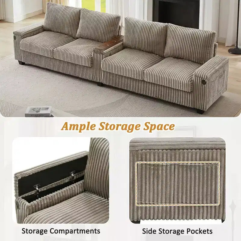 Canapé 4 places en velours côtelé 133 cm, moderne avec ports USB, accoudoirs de rangement dissimulés, porte-gobelets rabattables pour salon, noir