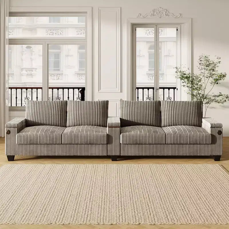Canapé 4 places en velours côtelé 133 cm, moderne avec ports USB, accoudoirs de rangement dissimulés, porte-gobelets rabattables pour salon, noir