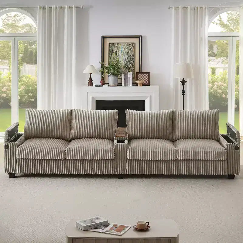 Canapé 4 places en velours côtelé 133 cm, moderne avec ports USB, accoudoirs de rangement dissimulés, porte-gobelets rabattables pour salon, noir
