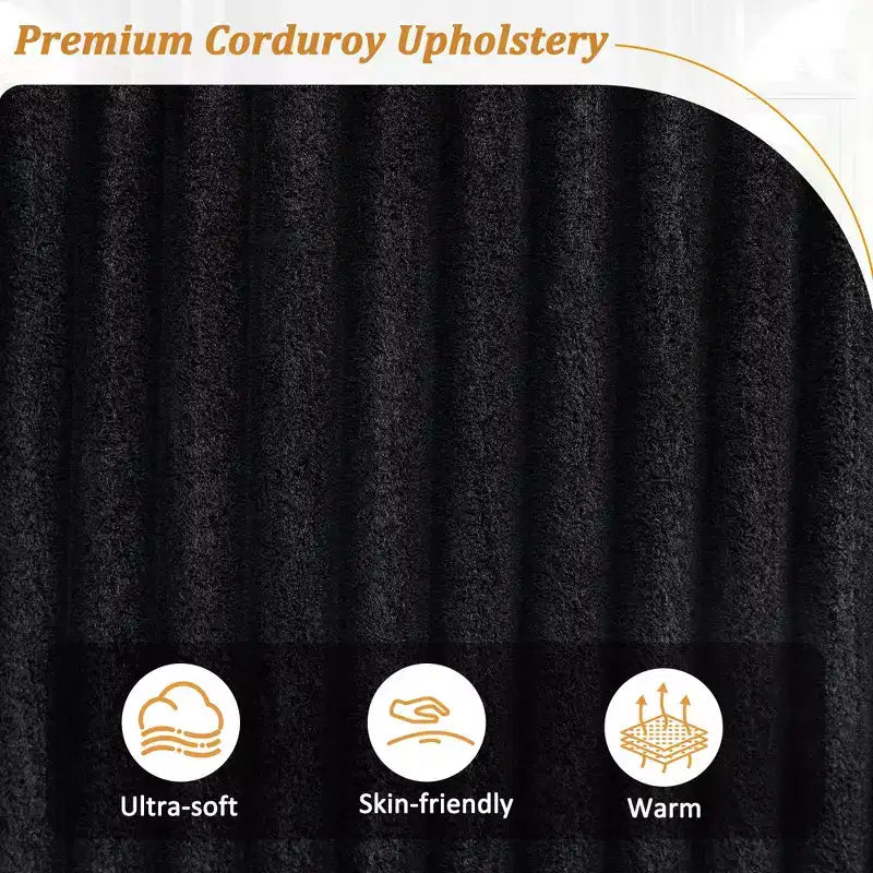 Canapé 4 places en velours côtelé 133 cm, moderne avec ports USB, accoudoirs de rangement dissimulés, porte-gobelets rabattables pour salon, noir