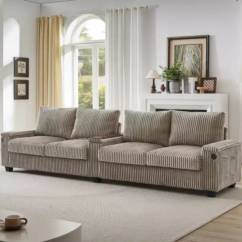Canapé 4 places en velours côtelé 133 cm, moderne avec ports USB, accoudoirs de rangement dissimulés, porte-gobelets rabattables pour salon, noir