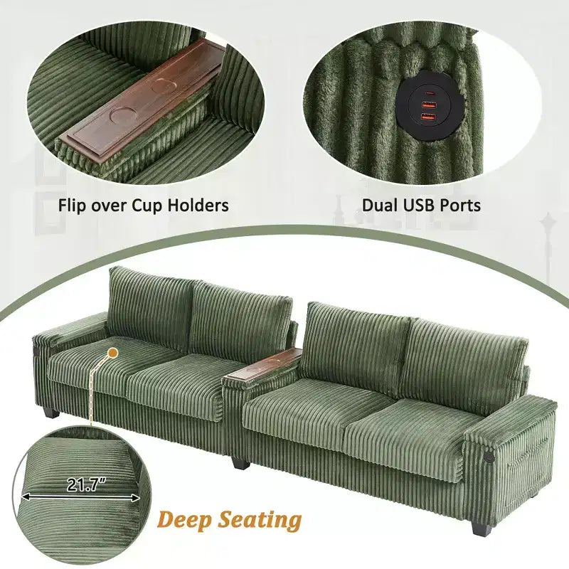 Canapé 4 places en velours côtelé 133 cm, moderne avec ports USB, accoudoirs de rangement dissimulés, porte-gobelets rabattables pour salon, noir
