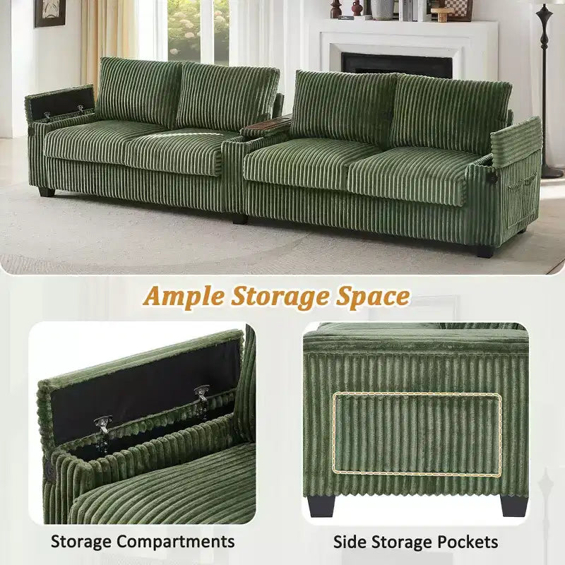 Canapé 4 places en velours côtelé 133 cm, moderne avec ports USB, accoudoirs de rangement dissimulés, porte-gobelets rabattables pour salon, noir