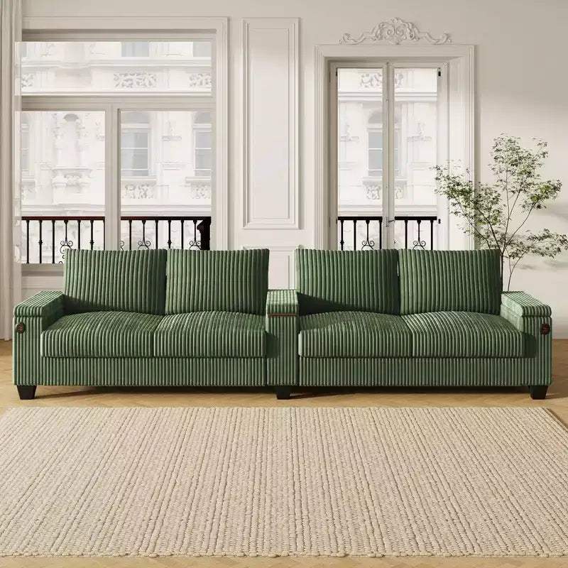 Canapé 4 places en velours côtelé 133 cm, moderne avec ports USB, accoudoirs de rangement dissimulés, porte-gobelets rabattables pour salon, noir