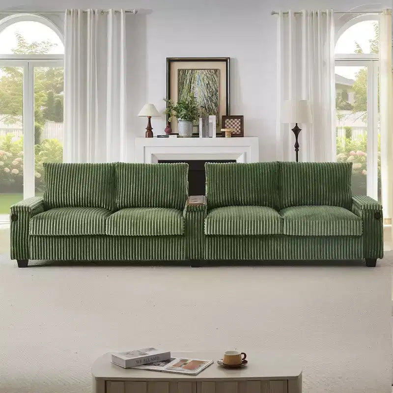 Canapé 4 places en velours côtelé 133 cm, moderne avec ports USB, accoudoirs de rangement dissimulés, porte-gobelets rabattables pour salon, noir
