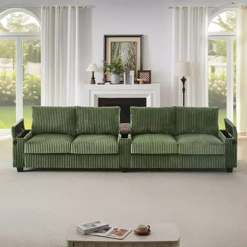 Canapé 4 places en velours côtelé 133 cm, moderne avec ports USB, accoudoirs de rangement dissimulés, porte-gobelets rabattables pour salon, noir