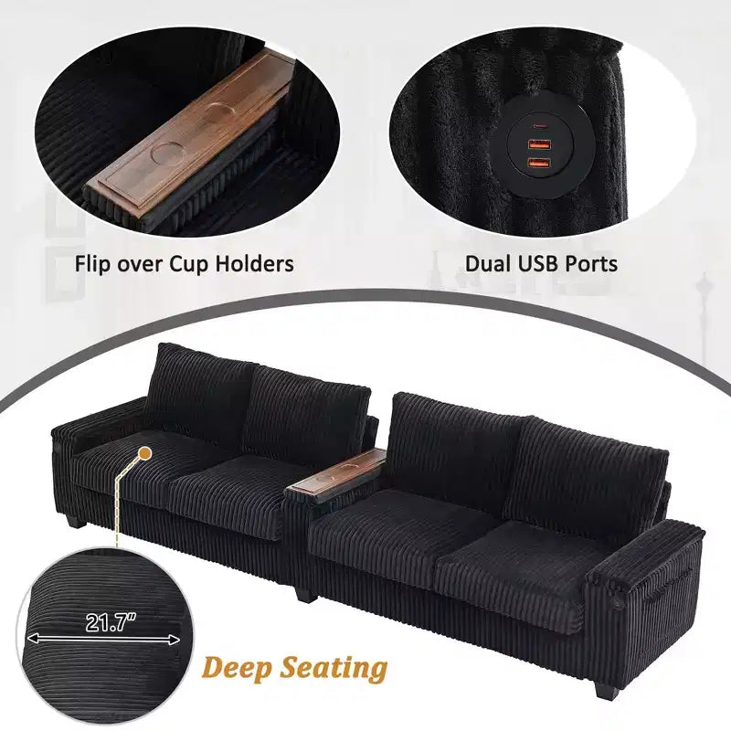 Canapé 4 places en velours côtelé 133 cm, moderne avec ports USB, accoudoirs de rangement dissimulés, porte-gobelets rabattables pour salon, noir