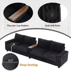 Canapé 4 places en velours côtelé 133 cm, moderne avec ports USB, accoudoirs de rangement dissimulés, porte-gobelets rabattables pour salon, noir