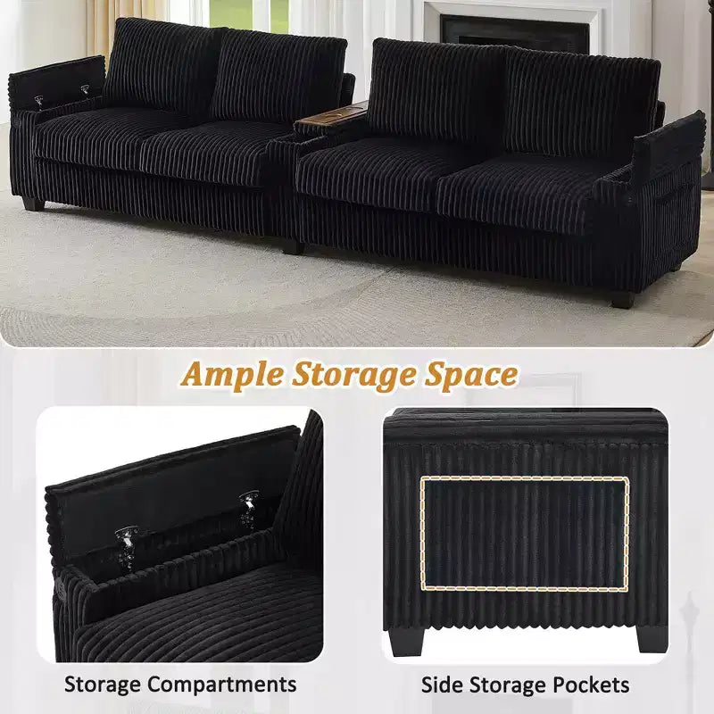 Canapé 4 places en velours côtelé 133 cm, moderne avec ports USB, accoudoirs de rangement dissimulés, porte-gobelets rabattables pour salon, noir