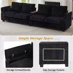 Canapé 4 places en velours côtelé 133 cm, moderne avec ports USB, accoudoirs de rangement dissimulés, porte-gobelets rabattables pour salon, noir