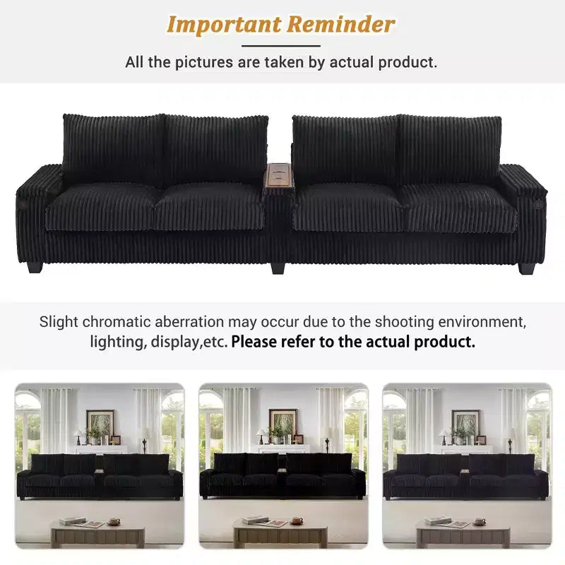 Canapé 4 places en velours côtelé 133 cm, moderne avec ports USB, accoudoirs de rangement dissimulés, porte-gobelets rabattables pour salon, noir