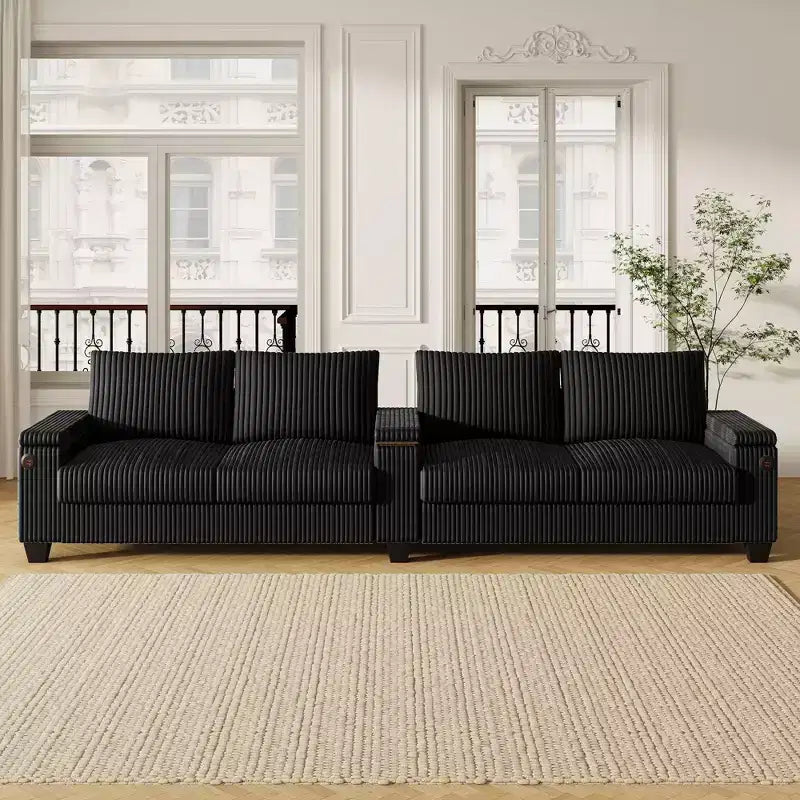 Canapé 4 places en velours côtelé 133 cm, moderne avec ports USB, accoudoirs de rangement dissimulés, porte-gobelets rabattables pour salon, noir