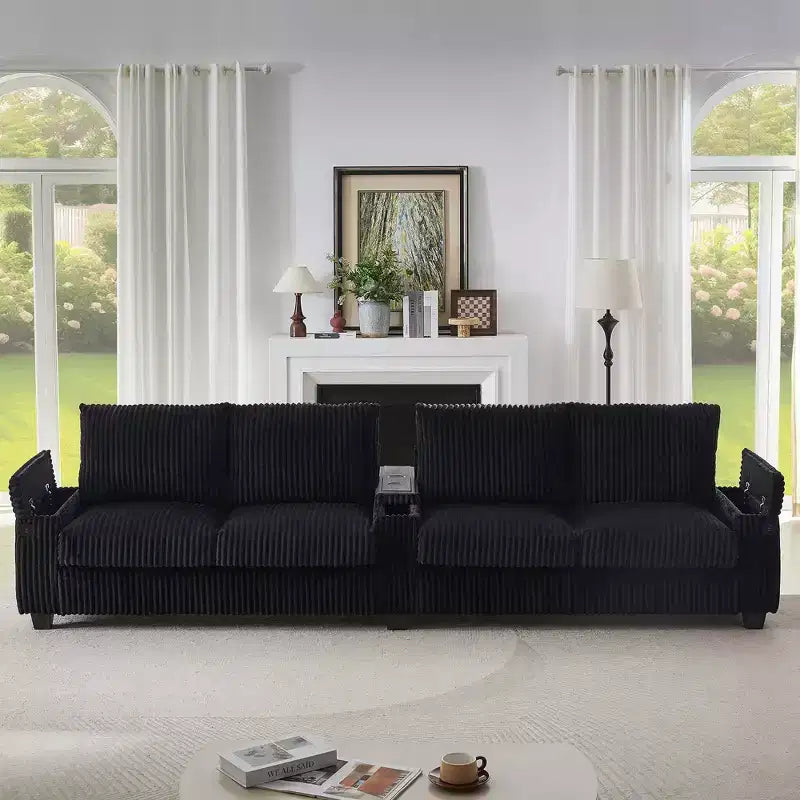 Canapé 4 places en velours côtelé 133 cm, moderne avec ports USB, accoudoirs de rangement dissimulés, porte-gobelets rabattables pour salon, noir