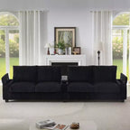 Canapé 4 places en velours côtelé 133 cm, moderne avec ports USB, accoudoirs de rangement dissimulés, porte-gobelets rabattables pour salon, noir
