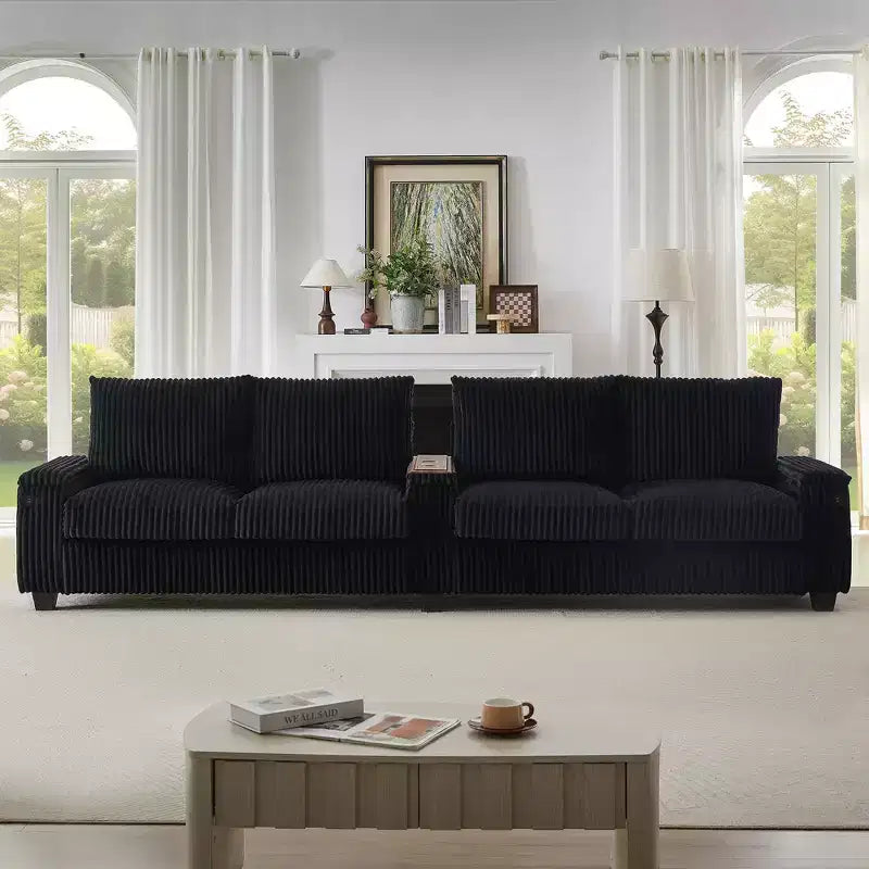 Canapé 4 places en velours côtelé 133 cm, moderne avec ports USB, accoudoirs de rangement dissimulés, porte-gobelets rabattables pour salon, noir