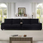 Canapé 4 places en velours côtelé 133 cm, moderne avec ports USB, accoudoirs de rangement dissimulés, porte-gobelets rabattables pour salon, noir