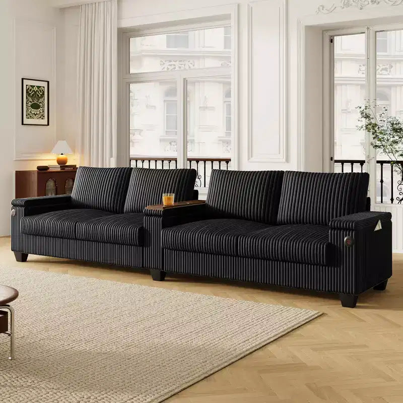 4-seater Corduroy Sofa Couch 133 Modern Sofa with USB Ports, Hidden Storage Arms, Flip-Top Cup Holders for Living Room, Black