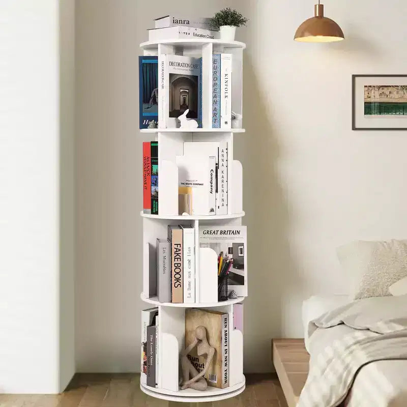 4-Tier Rotating Bookshelf Tower, Revolving Bookcase for Small Spaces, 360 Display Floor Standing Book Shelf Organizer for Bedroom Living Room