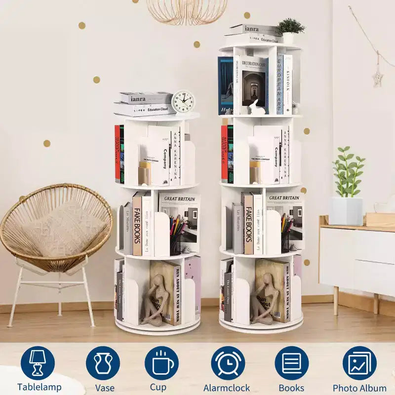 Libreria girevole a 4 livelli, libreria girevole per piccoli spazi, organizer a scaffale da pavimento con display a 360° per camera da letto e soggiorno