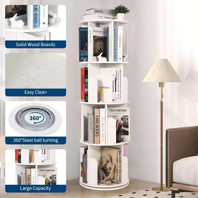 Libreria girevole a 4 livelli, libreria girevole per piccoli spazi, organizer a scaffale da pavimento con display a 360° per camera da letto e soggiorno