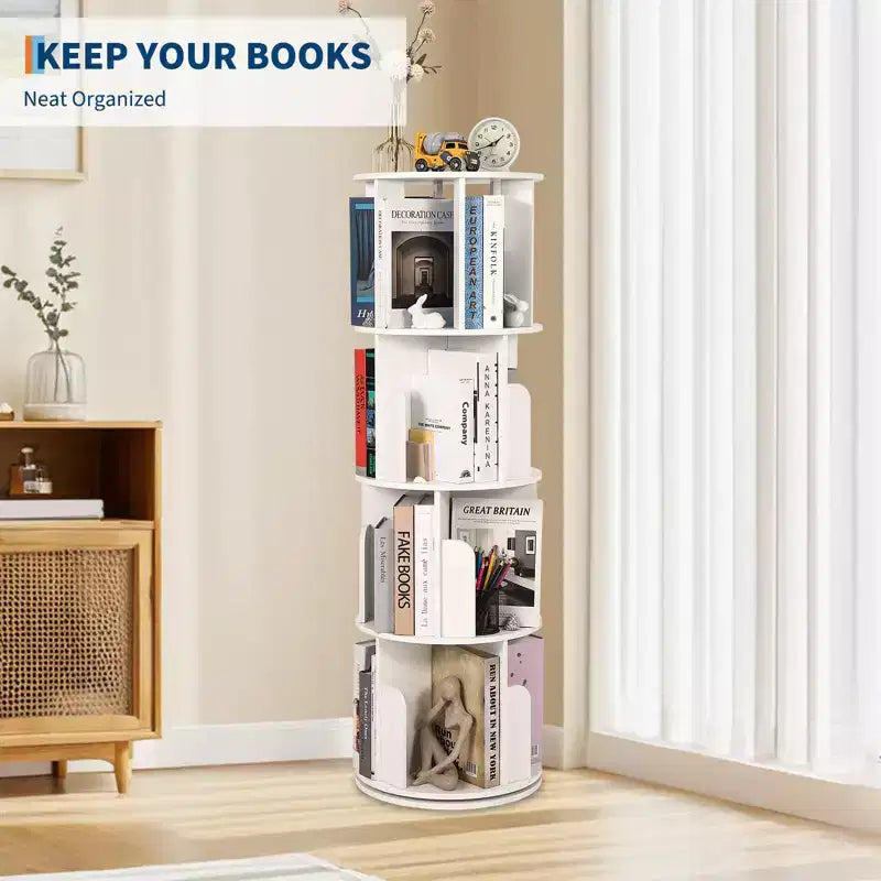 Libreria girevole a 4 livelli, libreria girevole per piccoli spazi, organizer a scaffale da pavimento con display a 360° per camera da letto e soggiorno