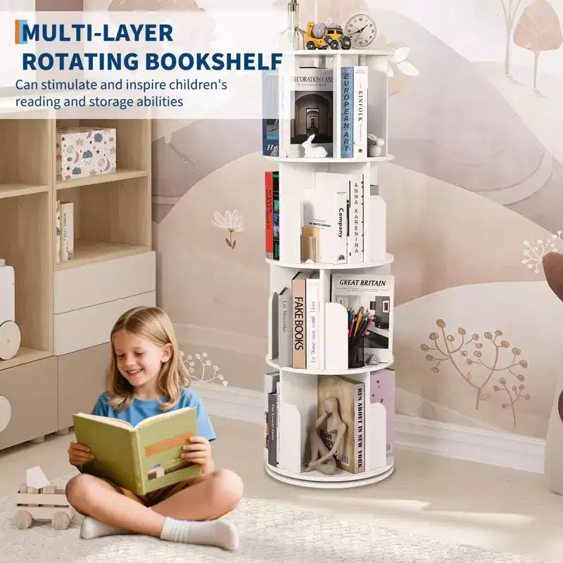 Libreria girevole a 4 livelli, libreria girevole per piccoli spazi, organizer a scaffale da pavimento con display a 360° per camera da letto e soggiorno