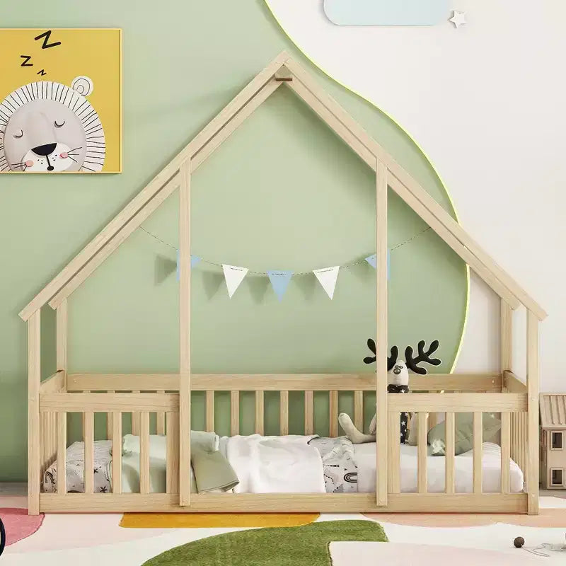 MAYEERTY Twin Wood House-shaped Floor Bed with Fence, Guardrails Beige