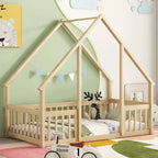 MAYEERTY Letto a pavimento singolo a forma di casetta in legno con recinzione e sponde, Beige