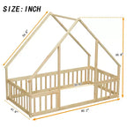 MAYEERTY Letto a pavimento singolo a forma di casetta in legno con recinzione e sponde, Beige