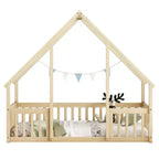 MAYEERTY Letto a pavimento singolo a forma di casetta in legno con recinzione e sponde, Beige