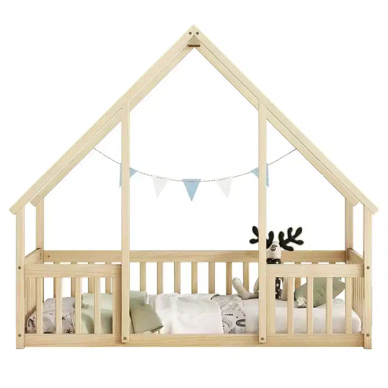 MAYEERTY Letto a pavimento singolo a forma di casetta in legno con recinzione e sponde, Beige
