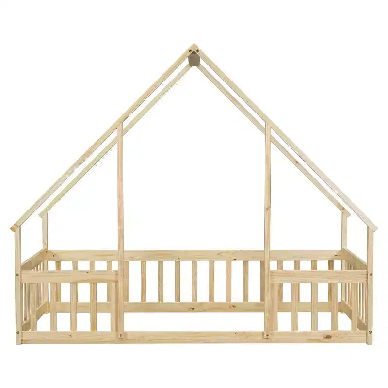 MAYEERTY Letto a pavimento singolo a forma di casetta in legno con recinzione e sponde, Beige