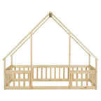 MAYEERTY Letto a pavimento singolo a forma di casetta in legno con recinzione e sponde, Beige