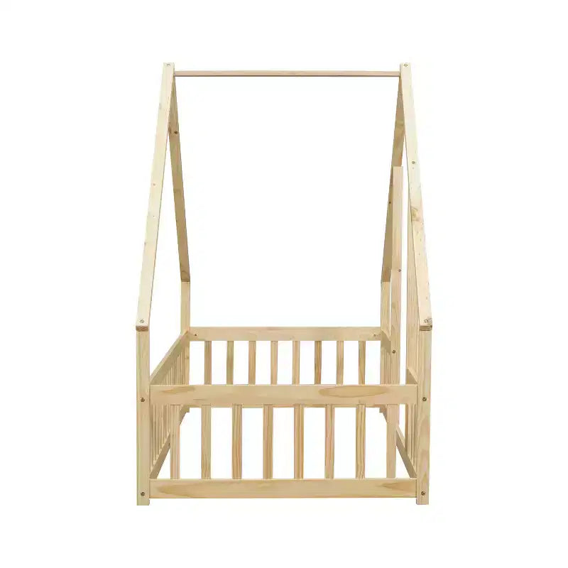 MAYEERTY Letto a pavimento singolo a forma di casetta in legno con recinzione e sponde, Beige