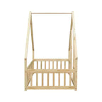 MAYEERTY Letto a pavimento singolo a forma di casetta in legno con recinzione e sponde, Beige