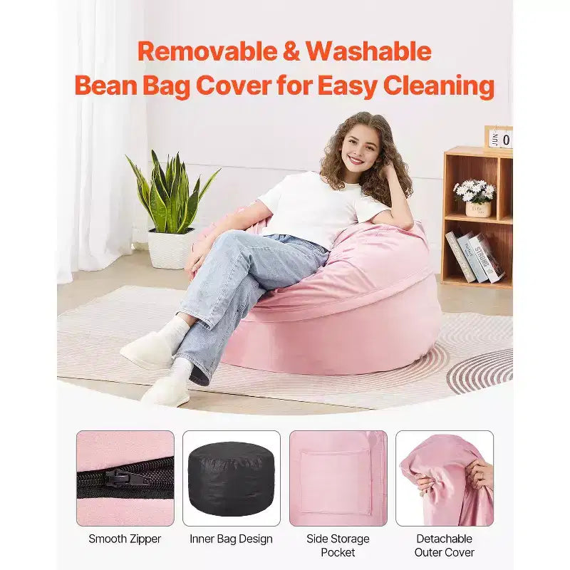 Poltrona Sacco VEVOR, Poltrona Sacco Rotonda da 90 cm con Rivestimento Rimovibile e Lavabile, Imbottita in Memory Foam 25D con Velluto Olandese Morbido e Liscio, Rosa