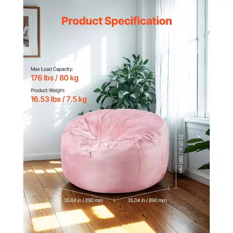Poltrona Sacco VEVOR, Poltrona Sacco Rotonda da 90 cm con Rivestimento Rimovibile e Lavabile, Imbottita in Memory Foam 25D con Velluto Olandese Morbido e Liscio, Rosa