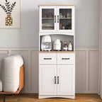 MAYEERTY Kitchen Cabinet Wooden White Pantry Room Storage Microwave Cabinet with Framed Glass Doors Drawer