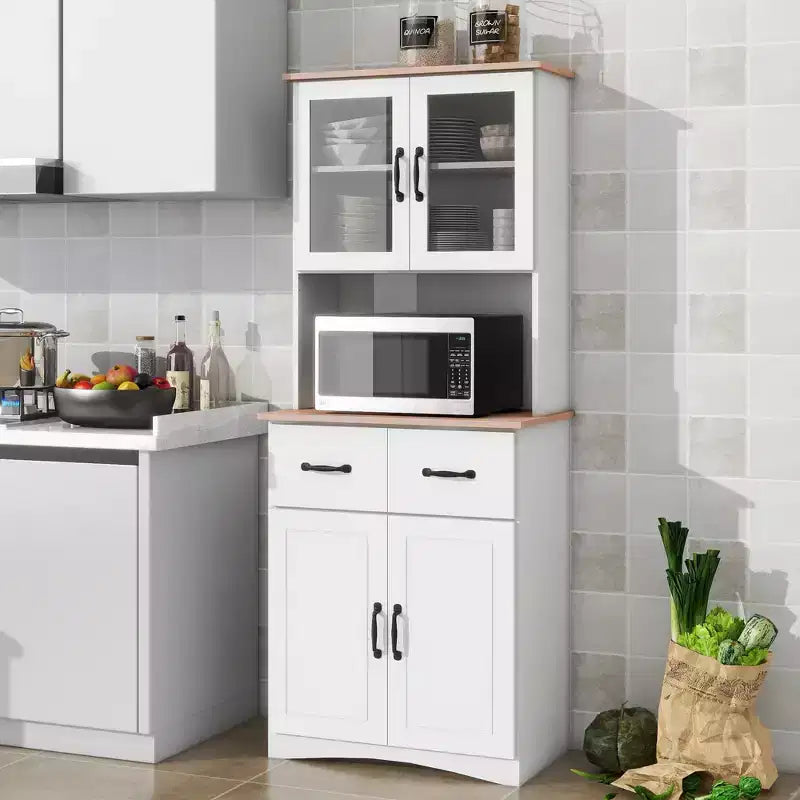 MAYEERTY Mobiletto da cucina in legno bianco, dispensa, mobile microonde con ante in vetro a telaio e cassetto