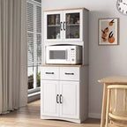 MAYEERTY Mobiletto da cucina in legno bianco, dispensa, mobile microonde con ante in vetro a telaio e cassetto