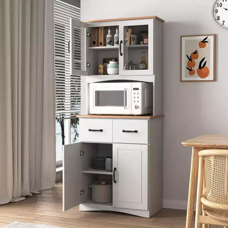 MAYEERTY Mobiletto da cucina in legno bianco, dispensa, mobile microonde con ante in vetro a telaio e cassetto