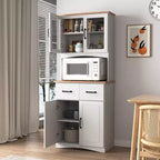 MAYEERTY Mobiletto da cucina in legno bianco, dispensa, mobile microonde con ante in vetro a telaio e cassetto