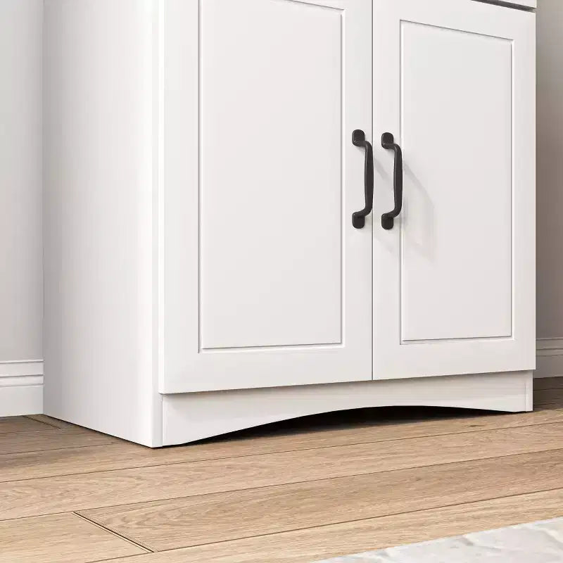 MAYEERTY Mobiletto da cucina in legno bianco, dispensa, mobile microonde con ante in vetro a telaio e cassetto