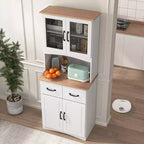 MAYEERTY Mobiletto da cucina in legno bianco, dispensa, mobile microonde con ante in vetro a telaio e cassetto