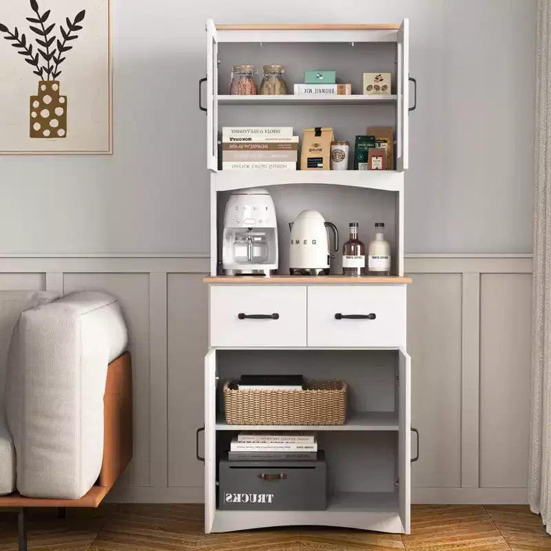 MAYEERTY Mobiletto da cucina in legno bianco, dispensa, mobile microonde con ante in vetro a telaio e cassetto