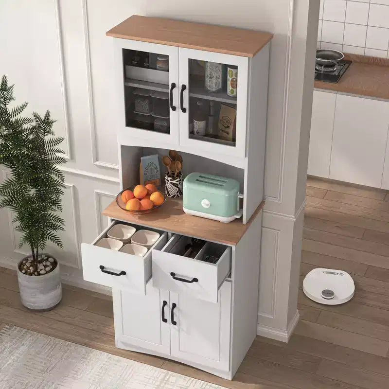 MAYEERTY Mobiletto da cucina in legno bianco, dispensa, mobile microonde con ante in vetro a telaio e cassetto